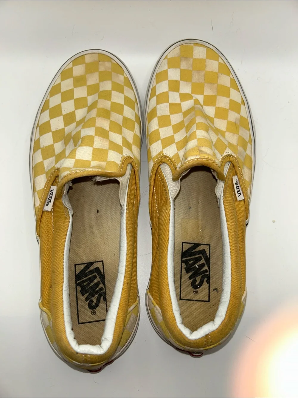 Vans yellow and white checkerboard slide ons M 9/W 10.5